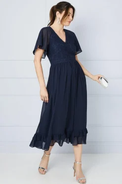 Lace Bodice Angel Sleeve Ruffle Hem Midi Dress