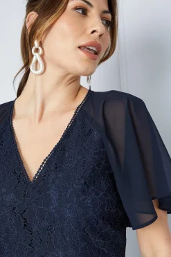 Lace Bodice Angel Sleeve Ruffle Hem Midi Dress