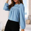 Lace Detail long sleeve Blouse Top In Blue