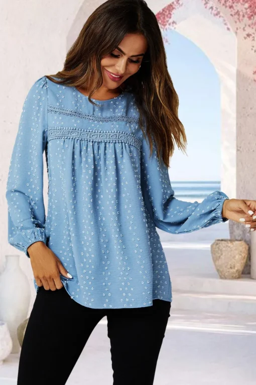 Lace Detail long sleeve Blouse Top In Blue