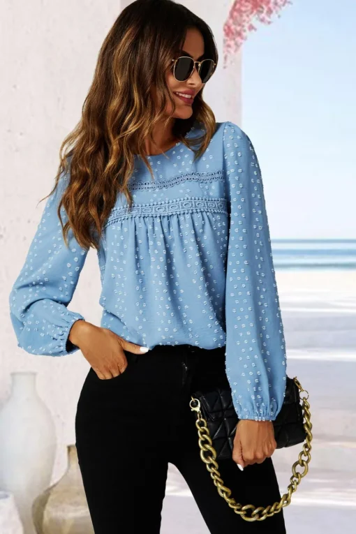 Lace Detail long sleeve Blouse Top In Blue