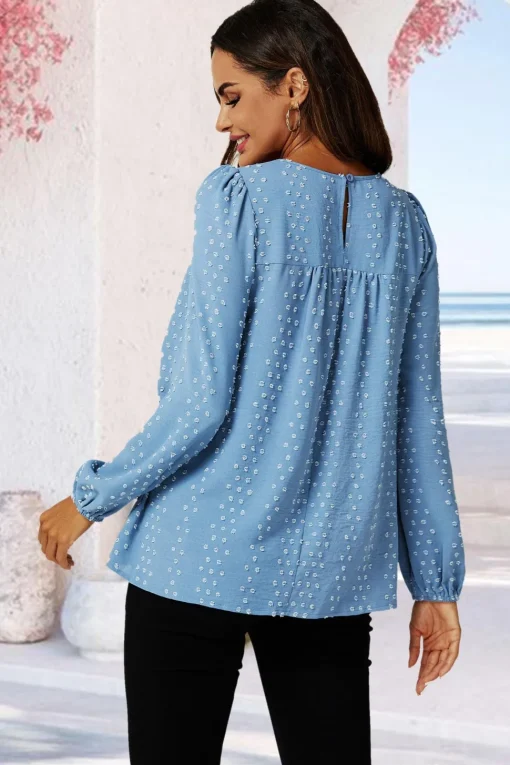 Lace Detail long sleeve Blouse Top In Blue