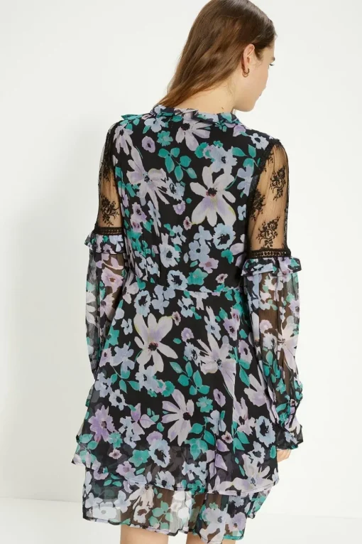 Lace Detailed Floral Ruffle Tie Neck Skater Dress