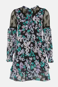 Lace Detailed Floral Ruffle Tie Neck Skater Dress