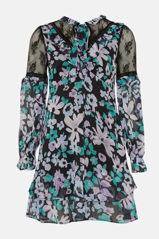 Lace Detailed Floral Ruffle Tie Neck Skater Dress