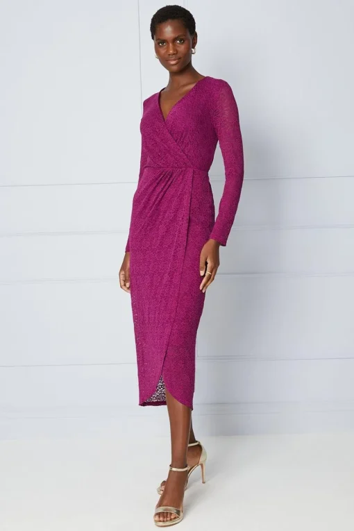 Lace Gathered Wrap Midi Dress