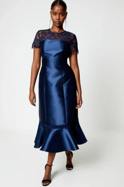Lace Panel Twill Midi Dress