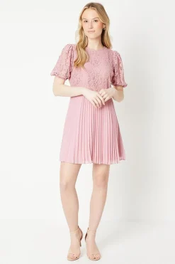 Lace Pleated Chiffon Mini Dress