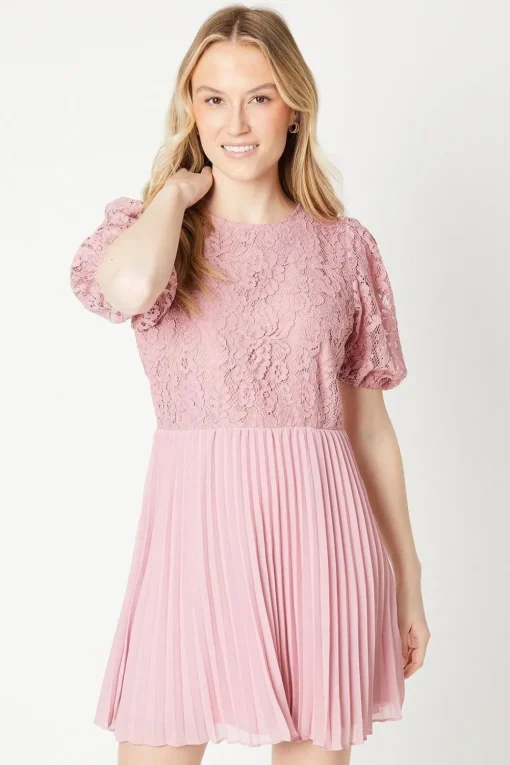 Lace Pleated Chiffon Mini Dress