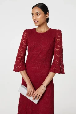 Lace Semi Sheer 3/4 Flute Sleeve Midi Dress