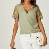 Lace Short Sleeve v Neck Blouse Top In Olive