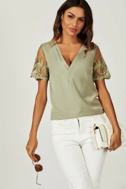 Lace Short Sleeve v Neck Blouse Top In Olive