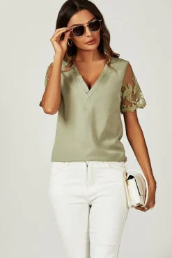 Lace Short Sleeve v Neck Blouse Top In Olive