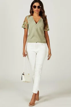 Lace Short Sleeve v Neck Blouse Top In Olive