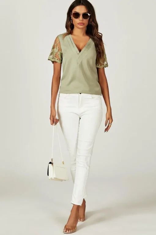 Lace Short Sleeve v Neck Blouse Top In Olive