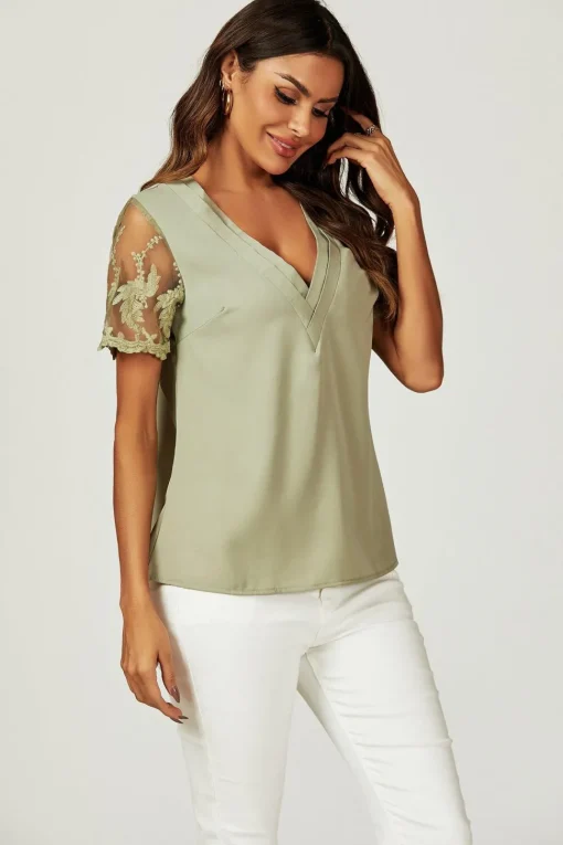 Lace Short Sleeve v Neck Blouse Top In Olive