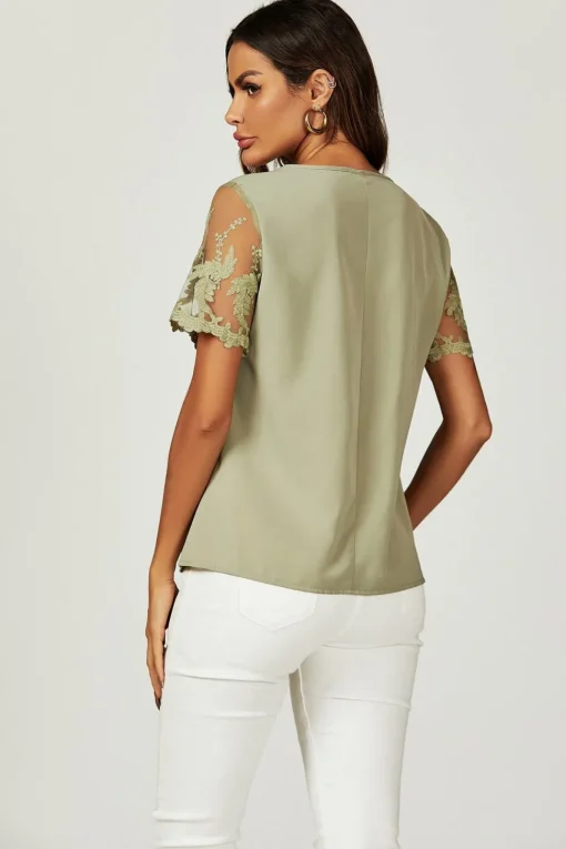 Lace Short Sleeve v Neck Blouse Top In Olive