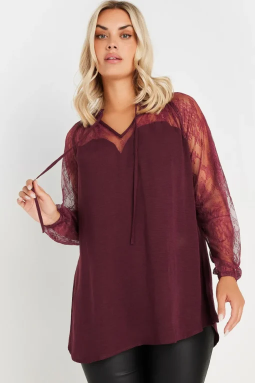 Lace Sweetheart Tie Neck Blouse