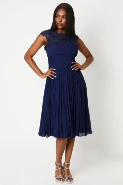 Lace Top Pleated Skirt Midi Dress