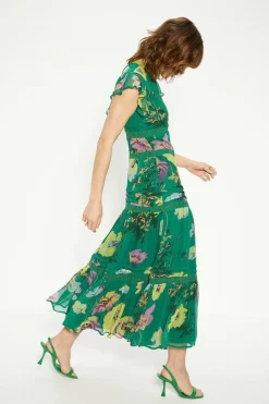 Lace Trim High Neck Chiffon Floral Midi Dress