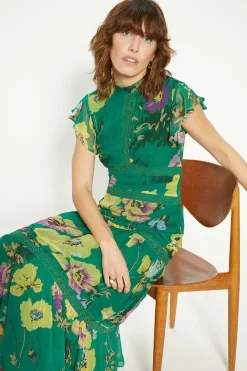 Lace Trim High Neck Chiffon Floral Midi Dress