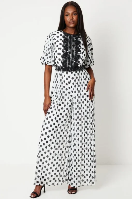 Lace Trim Polkadot Jumpsuit With Pleated Leg