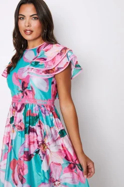Lace Trim Ruffle Sleeve Printed Midi Dress
