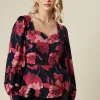large pink floral button front blouse