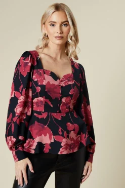 large pink floral button front blouse