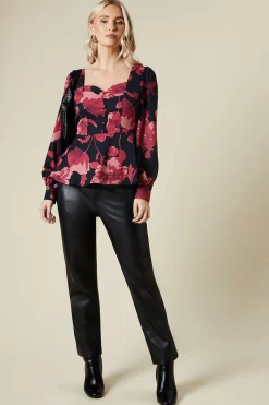 large pink floral button front blouse