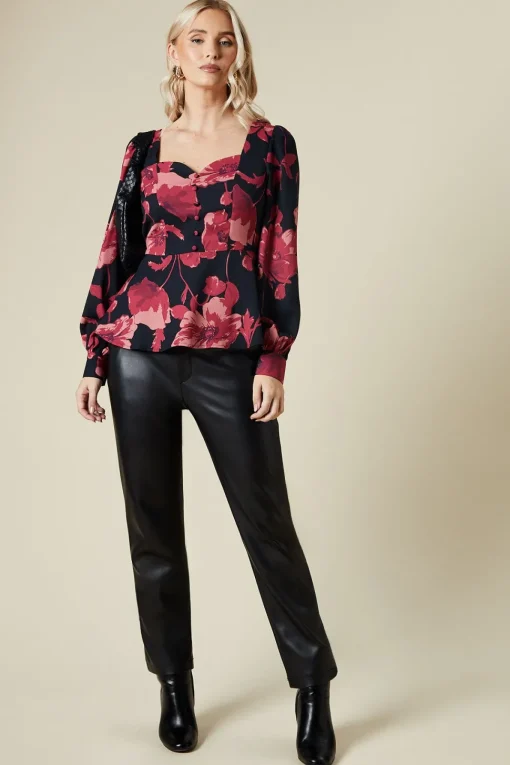 large pink floral button front blouse