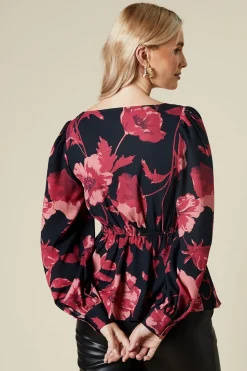 large pink floral button front blouse