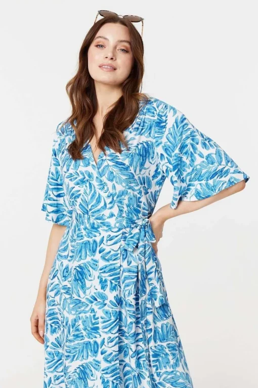 Leaf Print 1/2 Sleeve Wrap Dress