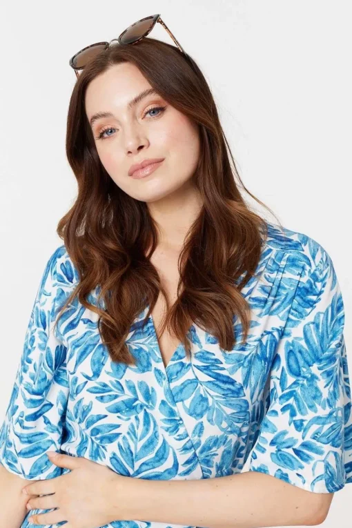 Leaf Print 1/2 Sleeve Wrap Dress