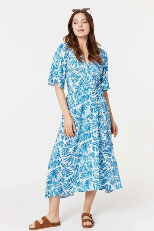 Leaf Print 1/2 Sleeve Wrap Dress