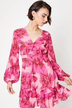 Leaf Print Corsage Tiered Mini Dress