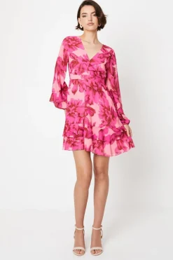 Leaf Print Corsage Tiered Mini Dress