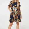 Leaf Print Frilled Knee Length Shift Dress