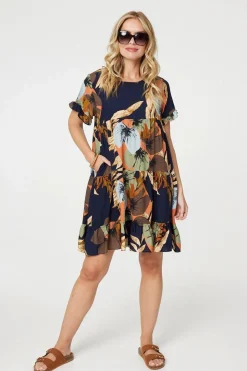 Leaf Print Frilled Knee Length Shift Dress