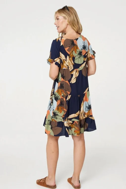 Leaf Print Frilled Knee Length Shift Dress