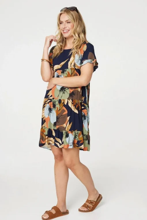 Leaf Print Frilled Knee Length Shift Dress