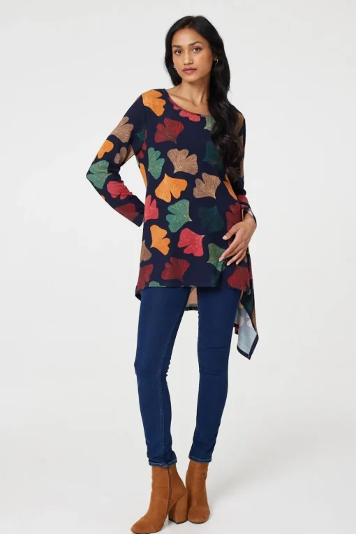Leaf Print High Low Tunic Top