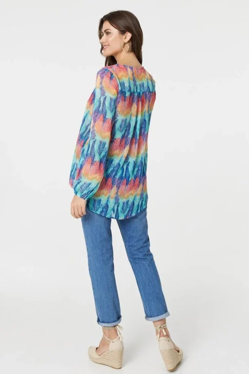 Leaf Print Long Sleeve Layered Hem Top