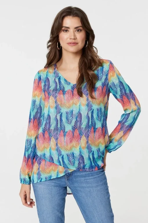 Leaf Print Long Sleeve Layered Hem Top