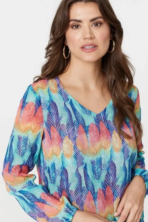 Leaf Print Long Sleeve Layered Hem Top