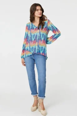 Leaf Print Long Sleeve Layered Hem Top