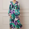 Leaf Print Satin Wrap Midi Dress
