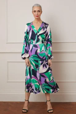Leaf Print Satin Wrap Midi Dress