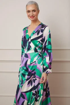 Leaf Print Satin Wrap Midi Dress
