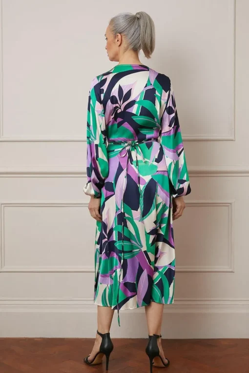 Leaf Print Satin Wrap Midi Dress